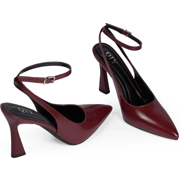 Women Z Burgundy Pumps Stiletto Wedding Dress Closed Toe Ankle Strap Heel Shoes - Picture 3 of 7